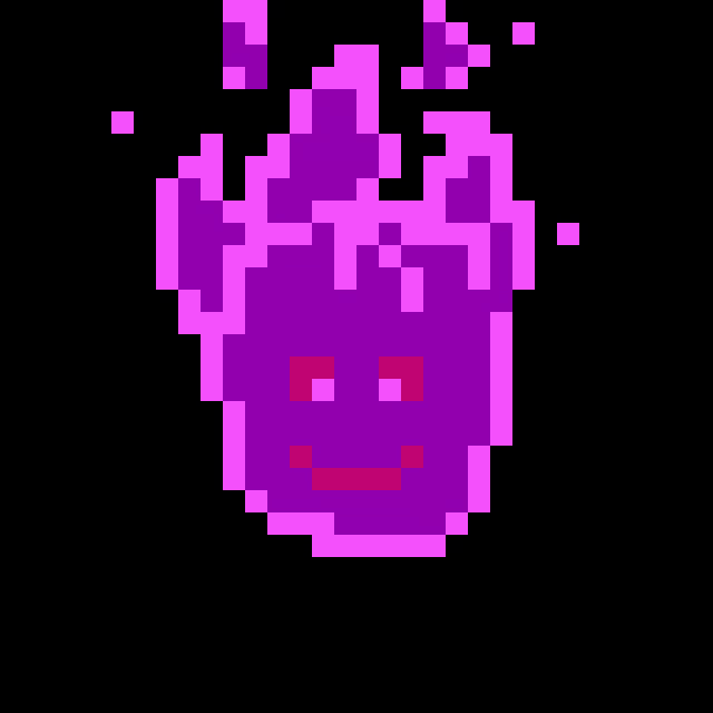a pixel art of a purple flame with red eyes and a red mouth .