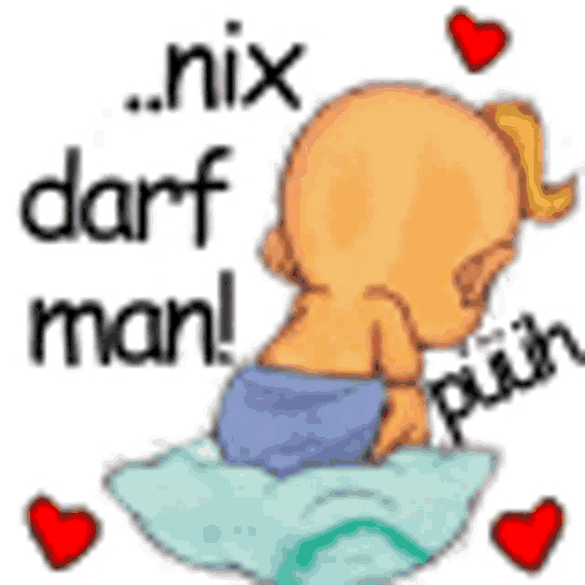 a baby in a diaper is sitting on a pillow with hearts around him .