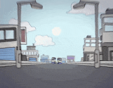 a cartoon drawing of a city street with buildings and a sun in the sky