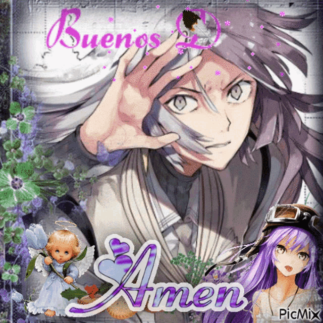 a picture of a girl with purple hair and the word amen on the bottom