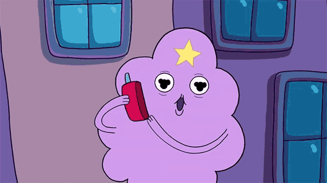 a purple cloud with a yellow star on it is talking on a cell phone