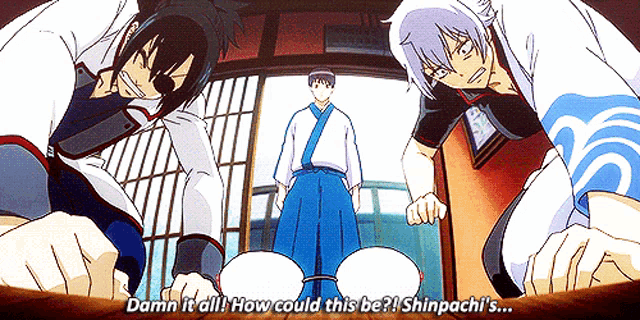 a group of anime characters with one saying " damn it all "