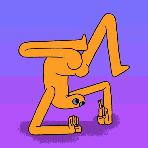 a cartoon drawing of a person doing a handstand on a purple background
