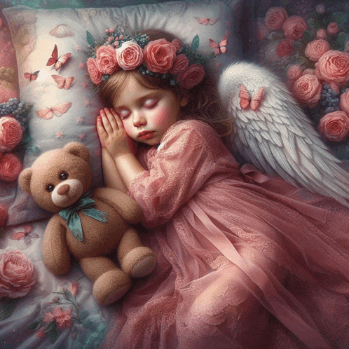 a little girl is sleeping with a teddy bear and flowers on her head