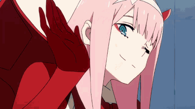 a drawing of a girl with pink hair and red gloves
