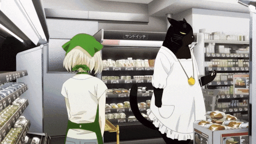 a black cat in a white apron is standing next to a woman in a store