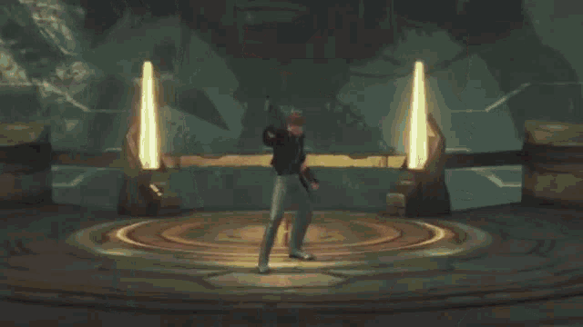 a man is holding a gun in a video game while wearing a blindfold .