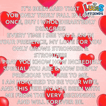a valentine 's day message from lucas presents with red hearts on a pink background