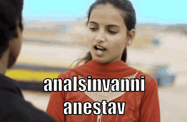 a woman in a red dress is talking to a man and the words analsinvanni anestav are above her