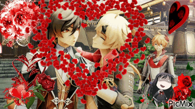 a couple of anime characters are surrounded by red hearts and flowers