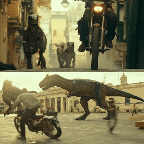 a man riding a motorcycle and a dinosaur walking down a street