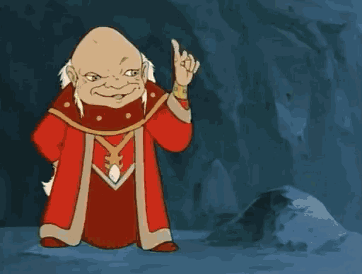 a cartoon character in a red robe is pointing at something