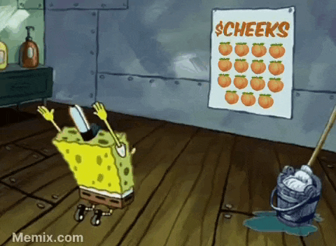 spongebob squarepants is dancing in front of a sign that says cheeks