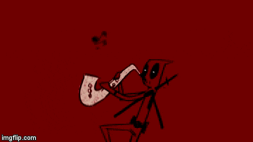 a cartoon of deadpool playing a saxophone and smoking a pipe on a red background .