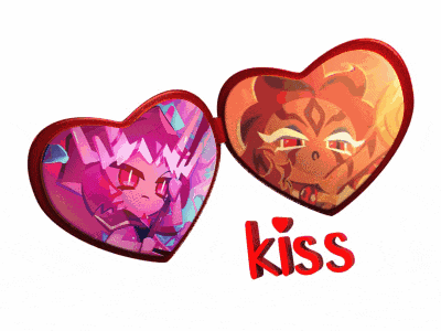 a couple of hearts with the word kiss in red