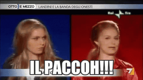 two women are standing next to each other with the words il paccoh written on the bottom