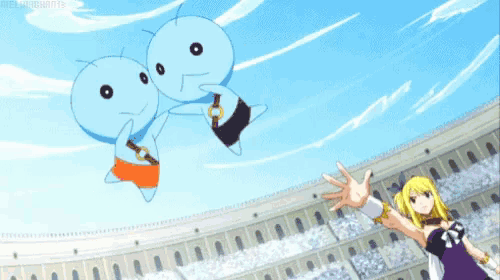 two anime girls are standing next to each other with their arms outstretched in front of a building .