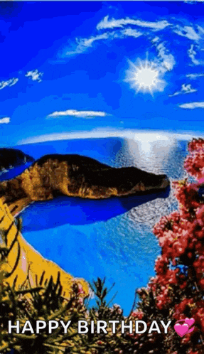 a painting of a beach with the words `` happy birthday '' written on it