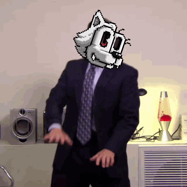 a man in a suit and tie with a pixelated cat head on his head