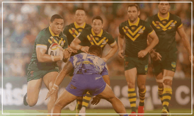 a rugby player with the number 7 on his shorts tries to tackle another player