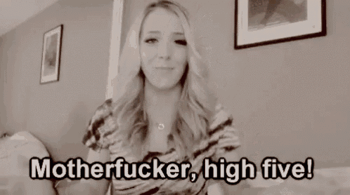 a black and white photo of a woman with the words motherfucker high five