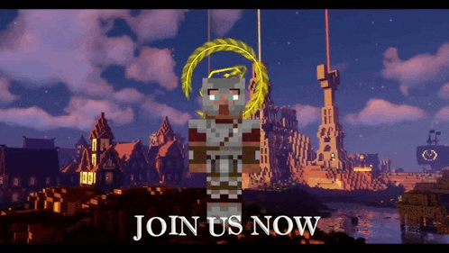 a minecraft character is standing in front of a castle with the words join us now on the bottom