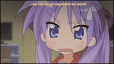 a girl with purple hair and blue eyes says " we can all go anywhere we want "