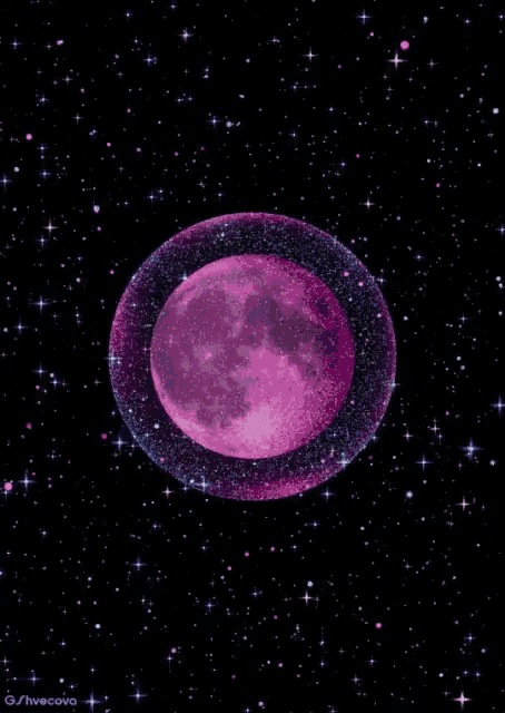 a pink moon is surrounded by a purple sphere in a starry sky