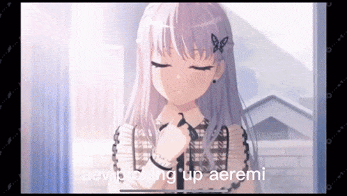 a video of a girl with a butterfly in her hair is captioned aevip picking up aerami