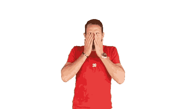 a man in a red t-shirt with the number 99 on it