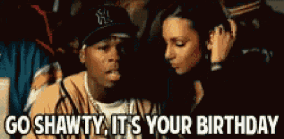 a man in a baseball cap says go shawty it 's your birthday in front of a woman .