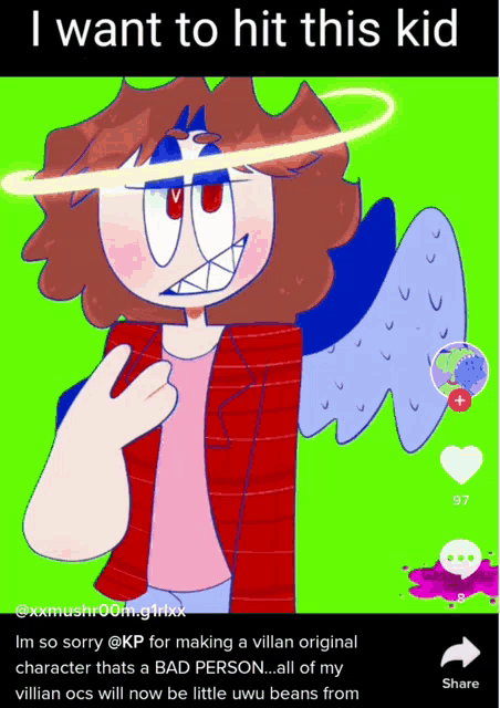 a cartoon character with a halo on his head and the words " i want to hit this kid " at the top