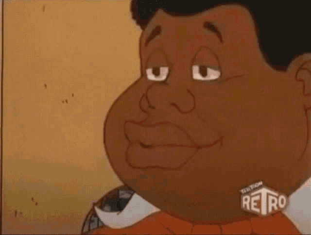 a close up of a cartoon character with the word retro on the bottom right