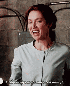 a woman is laughing and saying " i can see myself if i move fast enough "