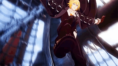 a cartoon character with yellow hair is jumping in the air with his arms outstretched