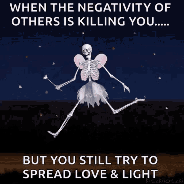 a skeleton dressed as a fairy is holding a wand and says " spread love and light "