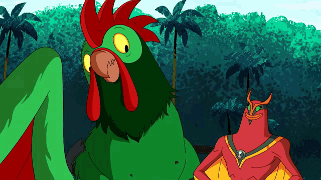 a green rooster with a red crest is standing next to a red monster