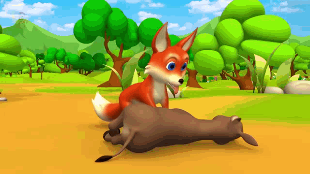 a cartoon fox laying on top of a dead donkey in a field