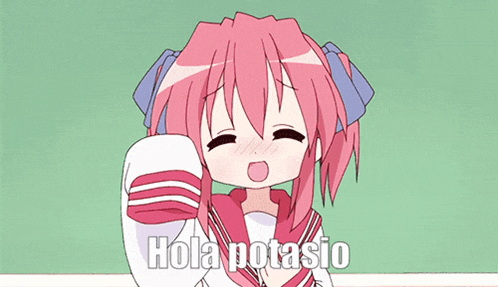 a girl with pink hair says hola potasio in spanish