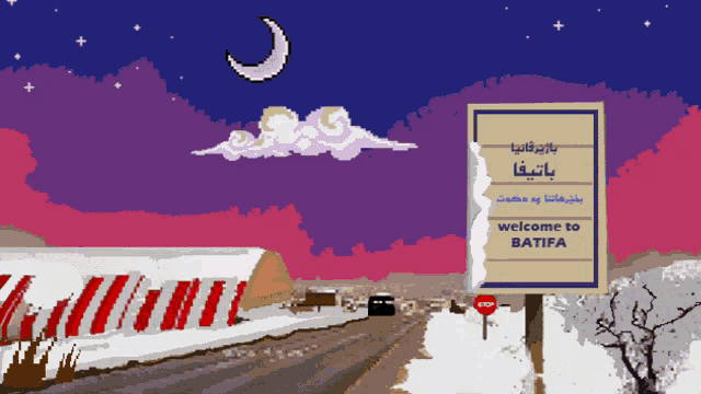 a pixel art drawing of a snowy road with a sign that says welcome to batifa