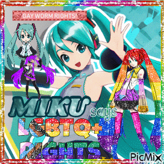 a picture of miku says lgbtq + rights with a rainbow background