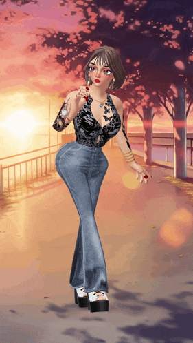 a cartoon drawing of a woman wearing a black top and jeans