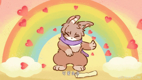 a cartoon of a rabbit with hearts and a rainbow