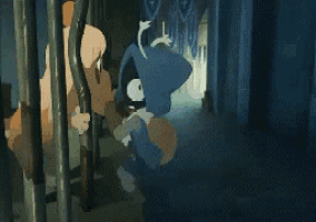 two cartoon characters are standing next to each other in a room .