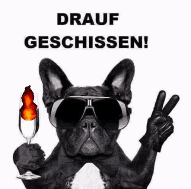 a french bulldog wearing sunglasses and a bow tie is holding a glass of champagne and making a peace sign .