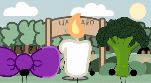 a cartoon of a candle and broccoli standing in front of a sign that says wa ard