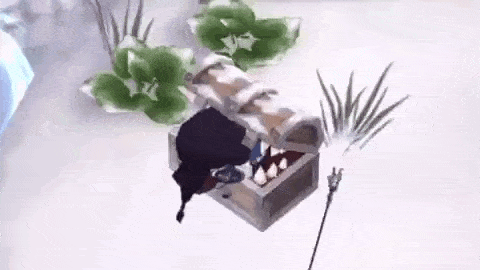 a treasure chest with a sword in it is sitting on a white surface .