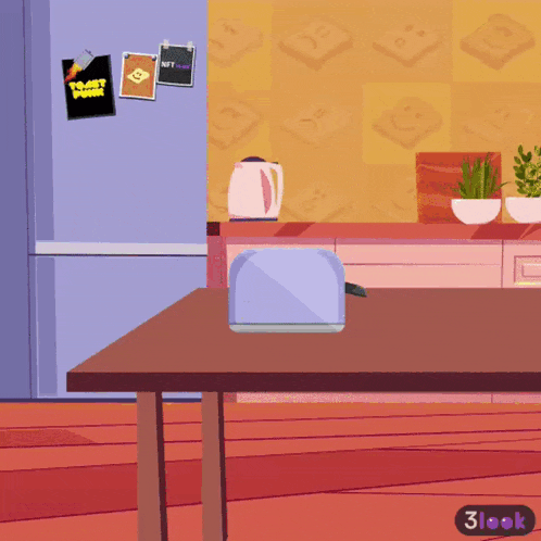 a cartoon illustration of a kitchen with a toaster and a sticker that says power puff girls