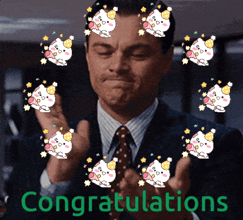 a man in a suit and tie applauds with congratulations written below him