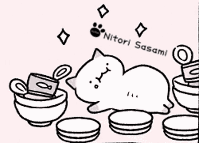 a black and white drawing of a cat laying on a table with bowls and plates .